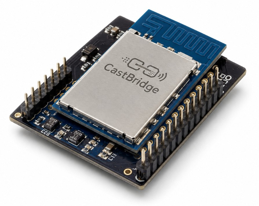 ESP32 Auracast Dev Kit — CastBridge module on Arduino-layout carrier board