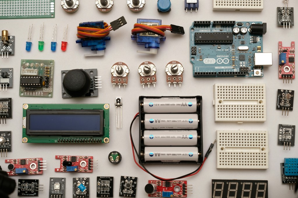 Electronics maker kit — Arduino, sensors, breadboards, and modules for prototyping
