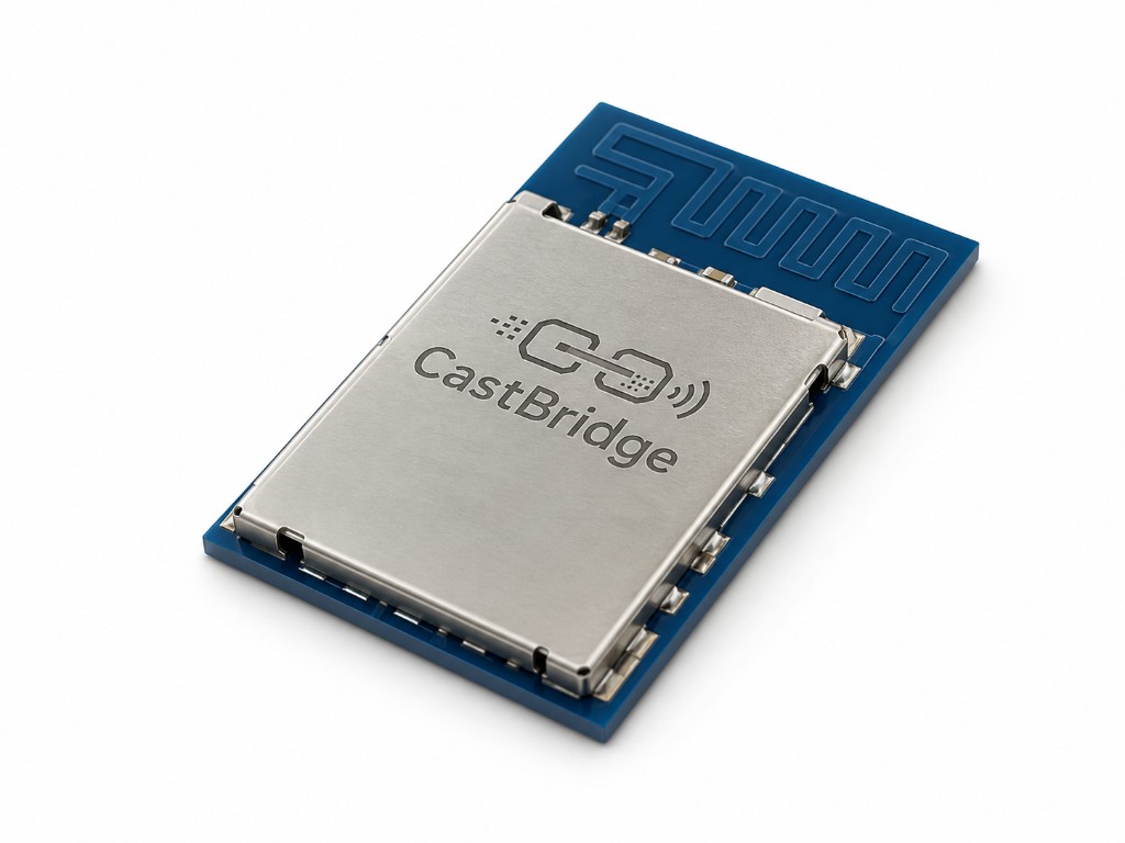 CastBridge Auracast companion module — blue PCB with metal shield